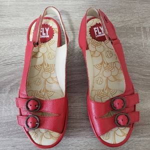 Fly London red leather strappy buckle sandals